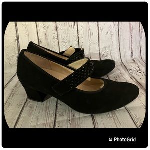 Hassia, black suede pumps, with black Swarovski crystals on strap. Size 5. NWOT